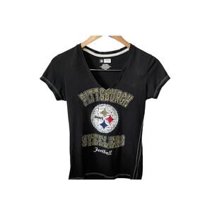 NFL Pittsburgh Steelers Football Black Gold Glitter V Neck Short Sleeve T Shirt
